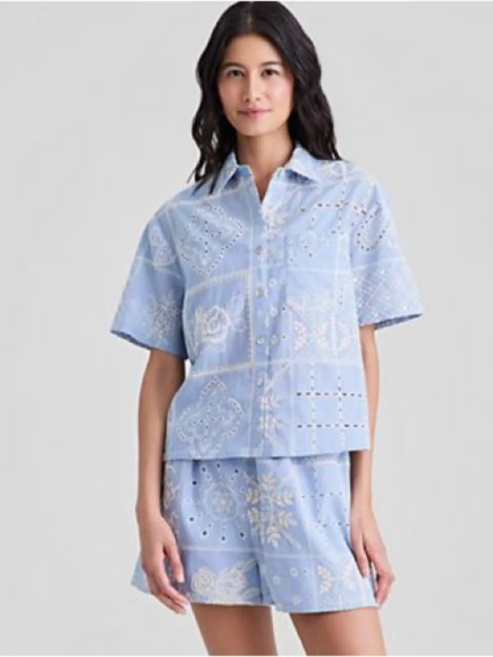 On 34th Macys cotton Light Blue Eyelet Cotton top Shorts set Women summer nwt